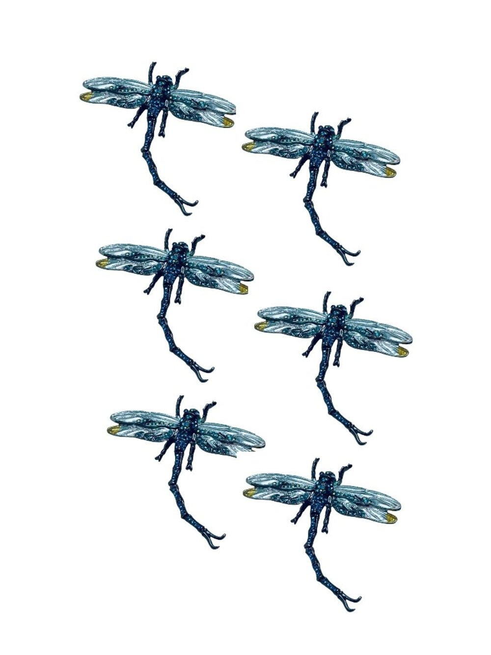 6 Dragonfly Brooches Pendants Articulated Tail Gunmetal Tone Blue/AB Rhinestones
